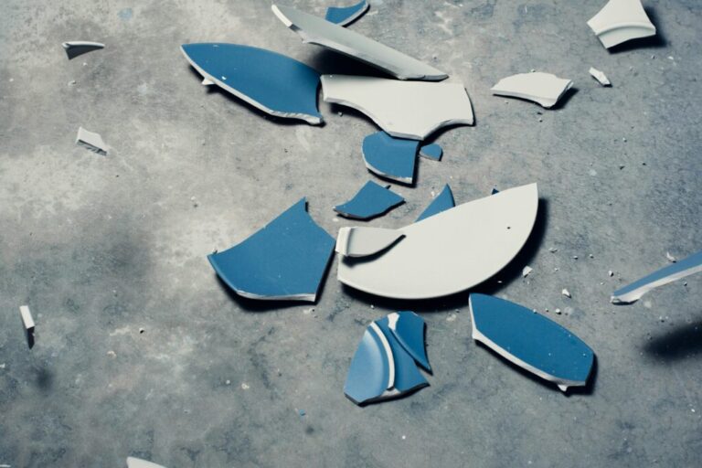 a blue ceramic dish has been shattered into many pieces on a concrete floor